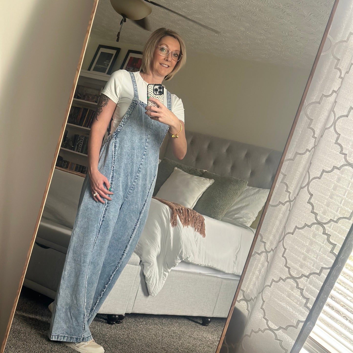 Acid washed wide leg overalls