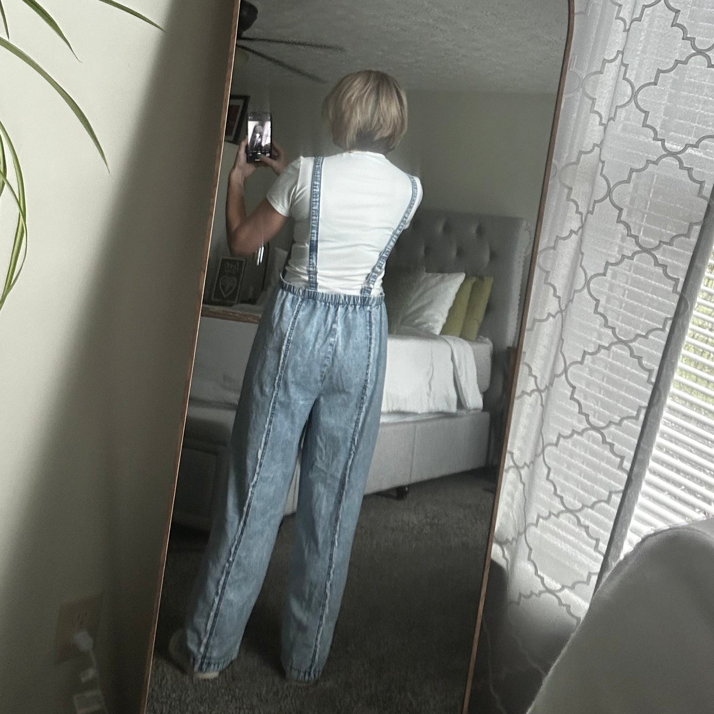 Acid washed wide leg overalls