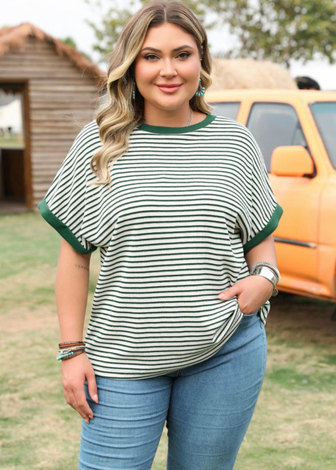 Boxy Fit Green Stripe Plus