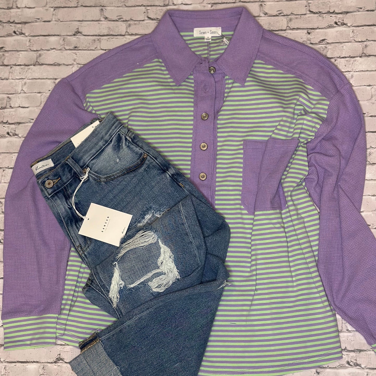 Oversized Green and Lilac Drop Shoulder Henley