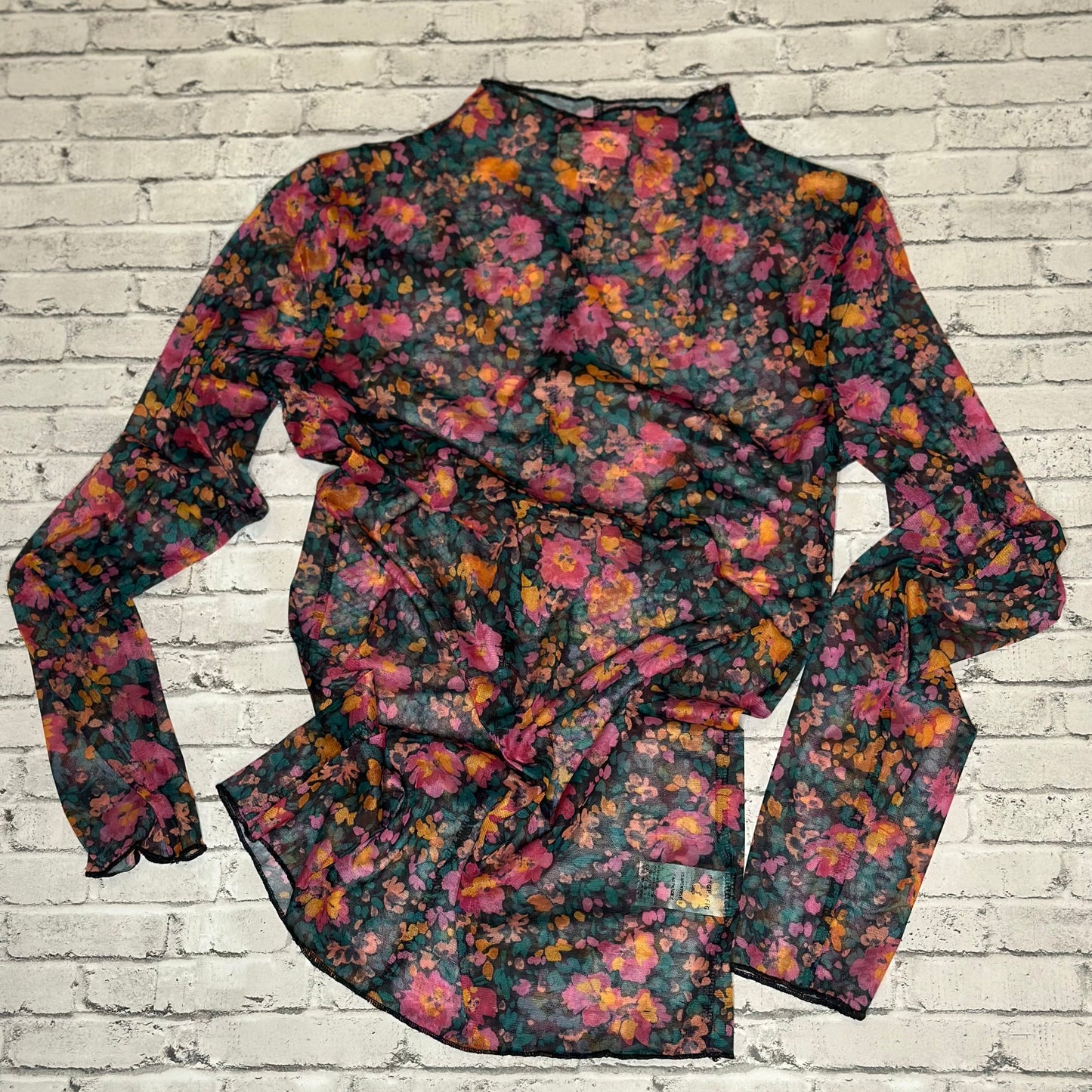 Pink and orange Floral mesh turtleneck top