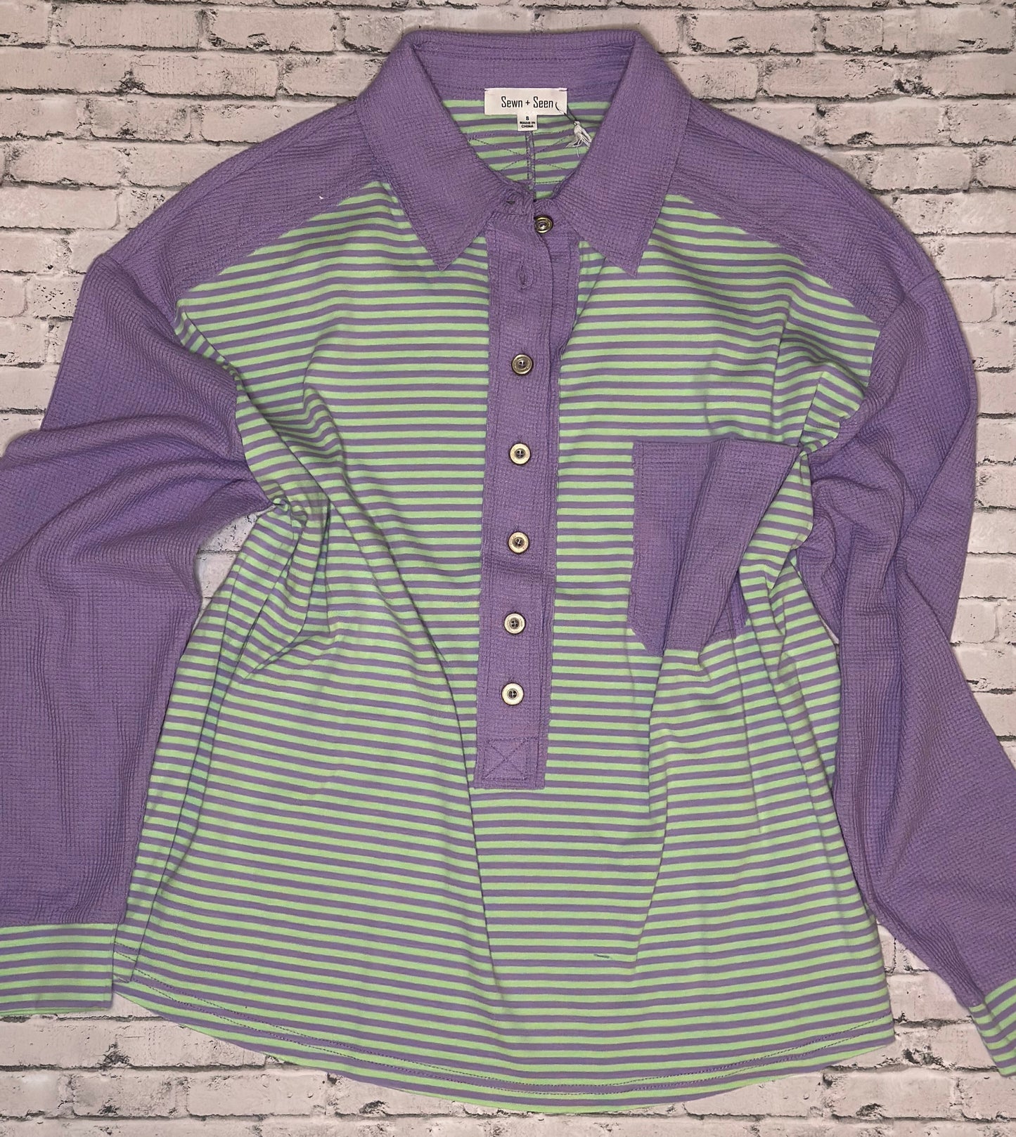 Oversized Green and Lilac Drop Shoulder Henley