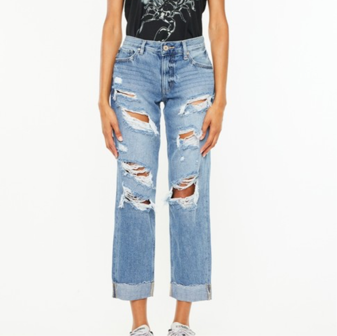 Mid rise boyfriend distressed jeans