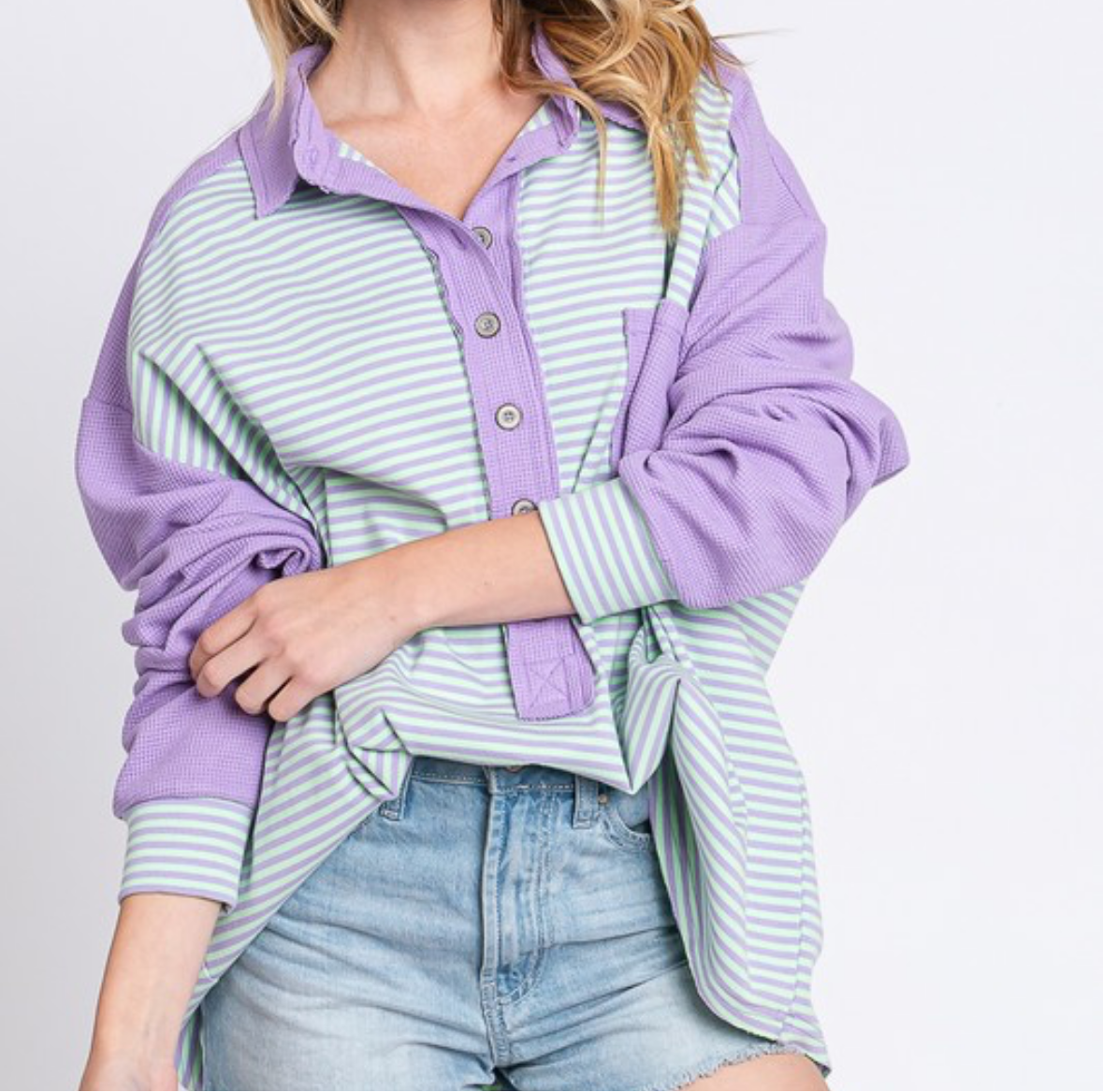 Oversized Green and Lilac Drop Shoulder Henley