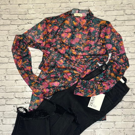 Pink and orange Floral mesh turtleneck top