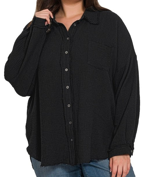 Plus oversize raw edge double gauze button down