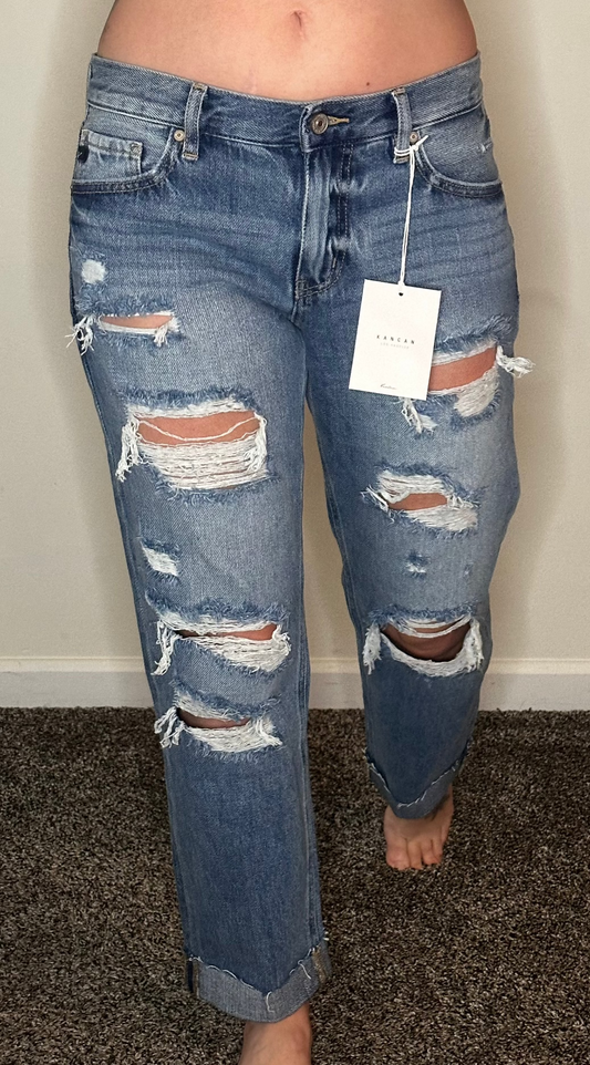 Mid rise boyfriend distressed jeans