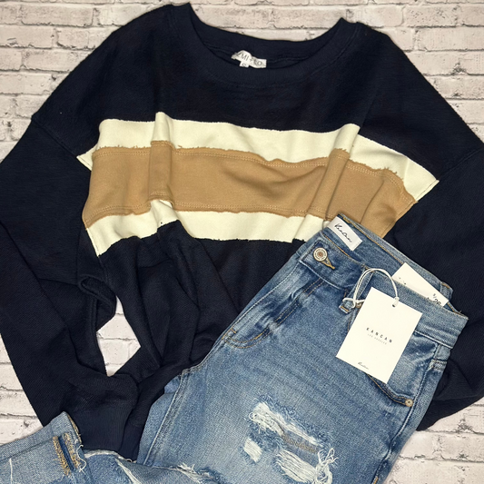 Winnie slightly cropped navy/tan stripe pullover