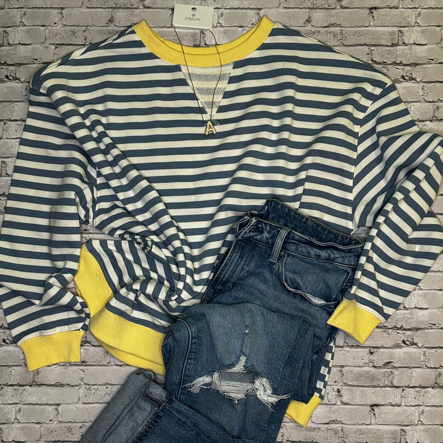 Antique blue/ivory Striped oversized crew neck