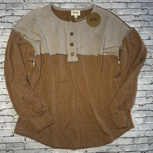 Nude/Mocha Ribbed 3/4 button long sleeve